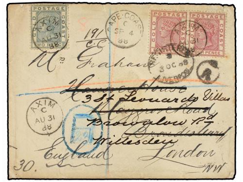 ✉ COSTA DE ORO. Sg. 13, 16 (2). 1888. AXIM to GREAT BRITAIN.