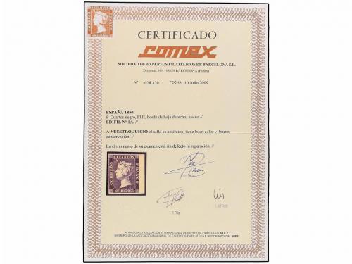 ** ESPAÑA. Ed. 1A. 6 cuartos negro, pl. II. Goma original y 