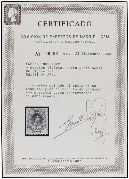 * ESPAÑA. Ed. 279. 4 pts. violeta negro. Numeración A 000.00