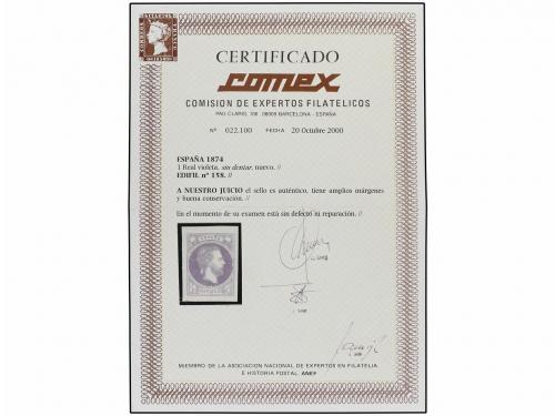 * ESPAÑA. Ed. 158. 1 real violeta. PIEZA DE LUJO. Cert. COME