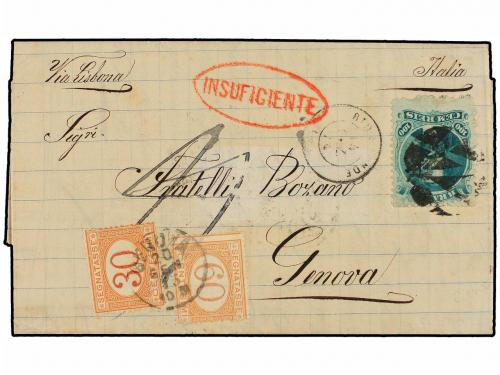 ✉ BRASIL. 1874. RÍO GRANDE a GÉNOVA. 100 reis verde. Marca I