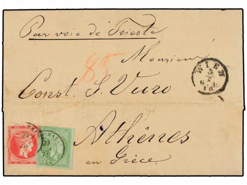 ✉ GRECIA. 1870. VIENA a ATENAS. Tasada a la llegada con sell
