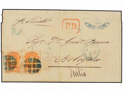 ✉ BRASIL. 1871. RÍO DE JANEIRO a ITALIA. 500 reis naranja (2