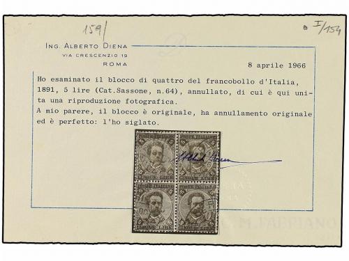 ° ITALIA. Sa. 64 (4). 5 liras carmín y azul. Bloque de cuatr