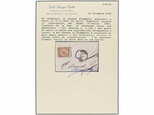 Δ ITALIA. Sa. L19c. 30 cts. castaño SIN DENTAR sobre fragmen