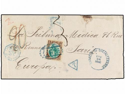 ✉ GUATEMALA. 1880. QUEZALTENANGO a PARÍS. FRONTAL de FAJA DE