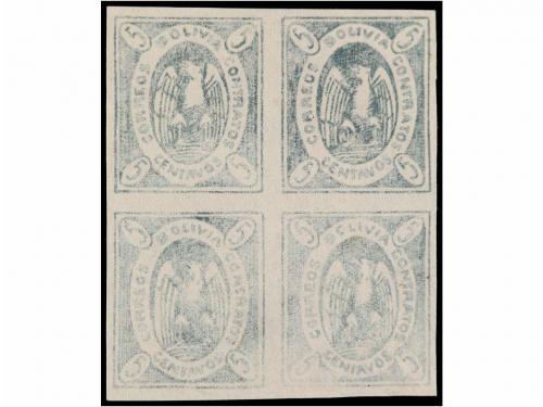**/* BOLIVIA. Sc. 3. 1867. 5 ctvos. gris lila. Bloque de cua