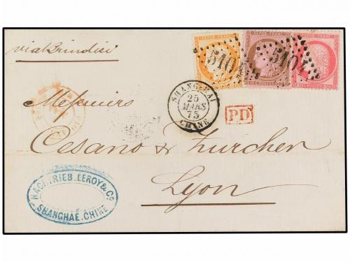 ✉ CHINA. 1875. SHANGHAI a LYON. Circulada con sellos frances