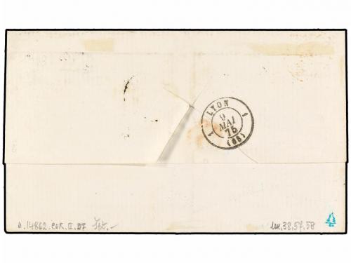 ✉ CHINA. 1875. SHANGHAI a LYON. Circulada con sellos frances