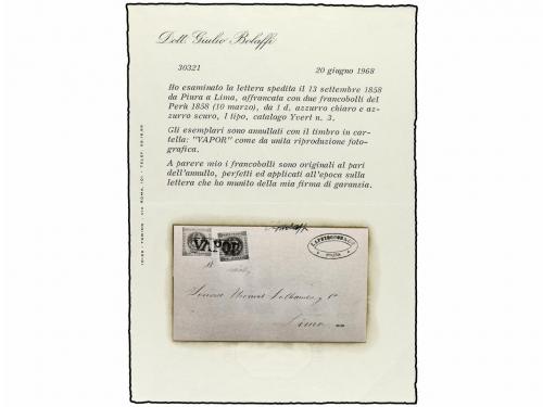 ✉ PERU. Sc. 3 (2). 1861. PIURA a LIMA. 1 dinero azul en dos 