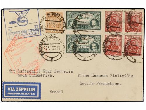 ✉ POLONIA. 1933 (27-VI). WARSAWA to RECIFE (Brazil). 25 gr.,