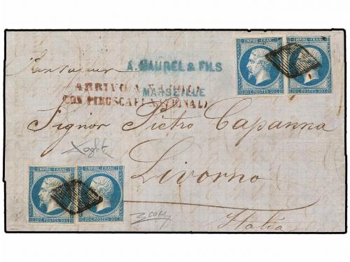 ✉ FRANCIA. Yv. 14A. 1862. MARSELLA a LIVORNO. 20 cts. azul (