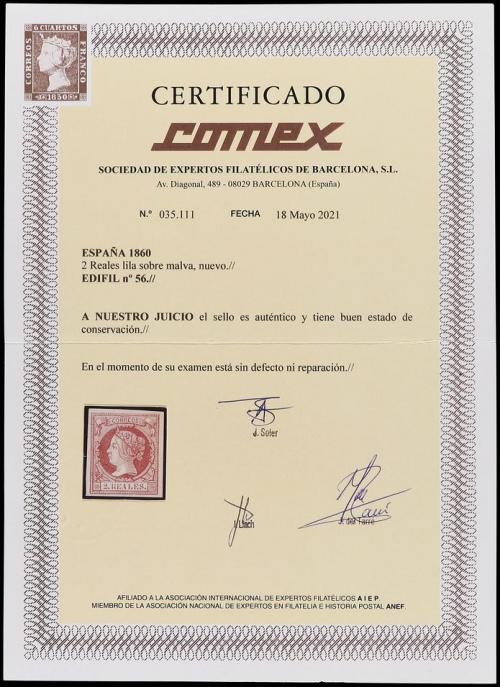 (*) ESPAÑA. Ed. 56. 2 reales lila. PIEZA DE LUJO. Cert. COME