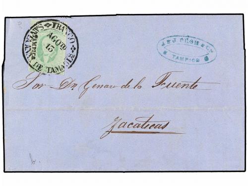 ✉ MEXICO. Sc. 3b. 1857. TAMPICO a ZACATECAS. 2 reales verde 