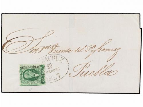 ✉ MEXICO. Sc. 3a. 1857. VERACRUZ a PUEBLA. 2 reales verde az