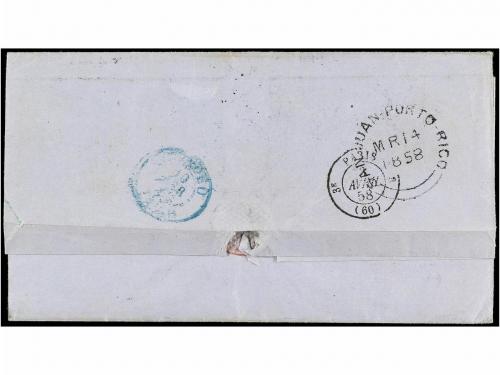 ✉ PUERTO RICO. 1858. S. JUAN a RIVADEO. 1/2 real azul, mat. 