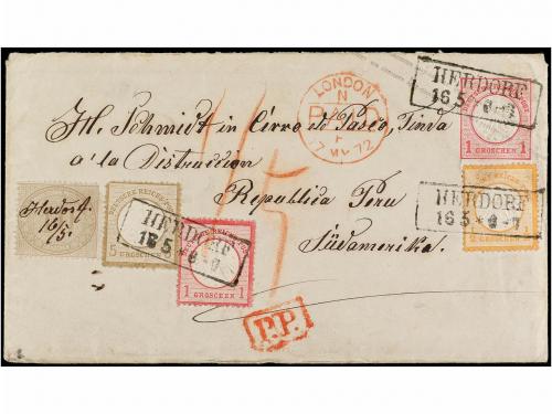 ✉ ALEMANIA. Mi. 4, 6, 14 + NP 25. 1872. HERDORF a PASCO (Per