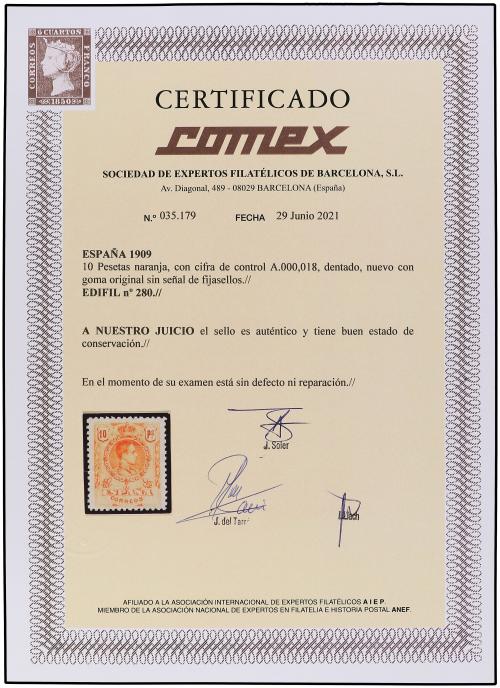 ** ESPAÑA. Ed. 280. 10 pts. naranja. PIEZA DE LUJO. Cert. CO