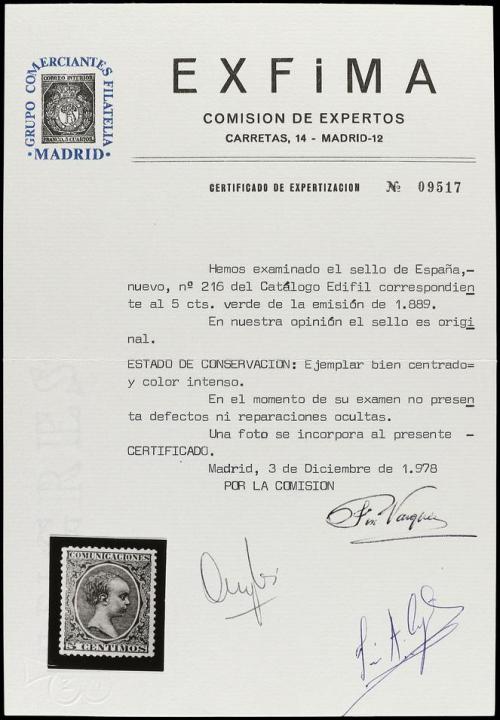 * ESPAÑA. Ed. 216. 5 cts. verde. PIEZA DE LUJO. Cert. EXFIMA