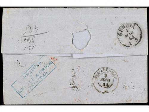 ✉ TRINIDAD. Sg. 70, 73. 1865. TRINIDAD to GENOVA (Italy). 4d