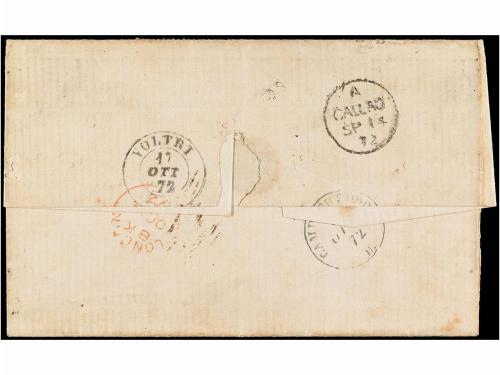 ✉ PERU. Sc. 14. 1872. LIMA a GENOVA. 1 dinero verde, tasada 