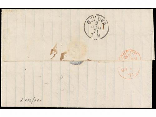 ✉ URUGUAY. 1871. MONTEVIDEO a GENOVA. Circulada por el corre