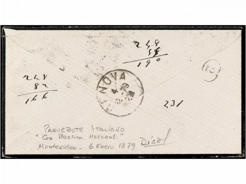 ✉ URUGUAY. 1879. MONTEVIDEO a GÉNOVA. 5 cts. verde (2), marc