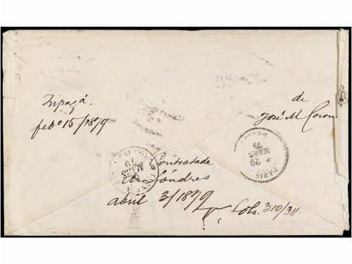 ✉ COLOMBIA. Sc. 75. 1879. BOGOTÁ a PARÍS. 20 ctvos. azul. Ma