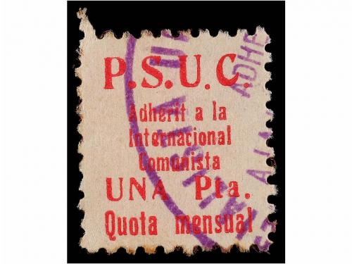 ESPAÑA GUERRA CIVIL. P.S.U.C. 1 pta. carmín. Quota Mensual. 