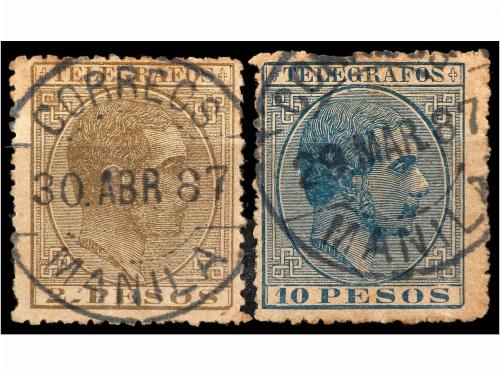 ° FILIPINAS. Ed. T-19, 23. TELÉGRAFOS. 2 pesos castaño y 10 