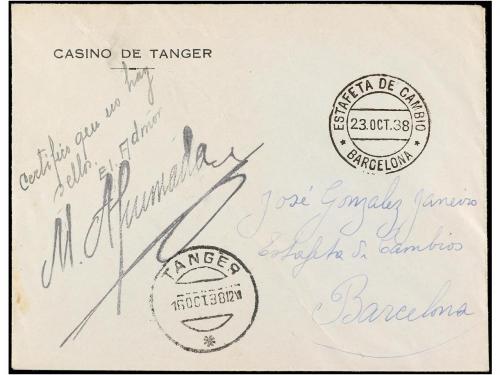 ✉ COLONIAS ESPAÑOLAS: TANGER. 1938. TANGER a BARCELONA. Circ