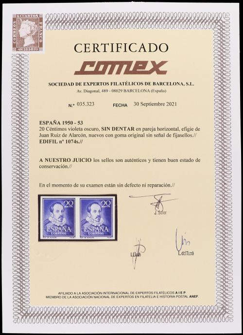 ** ESPAÑA. Ed. 1074s. RUIZ DE ALARCÓN. 20 cts. violeta parej