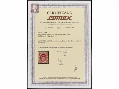 * ESPAÑA: TELEGRAFOS. Ed. 30. 400 mils. castaño lila. Centra