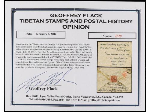 ✉ TIBET. 1953. KATHMANDU to LHASA. Tibet imperf. 2t. red in 