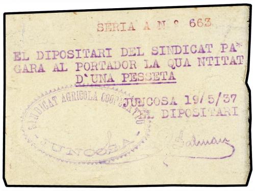 CATALUNYA. 1 Pesseta. 19 Maig 1937. JUNCOSA DE LES GARRIGUES