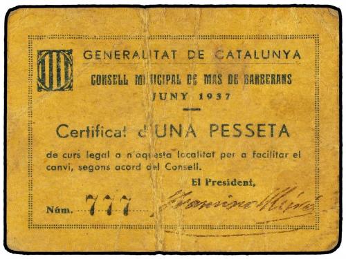 CATALUNYA. 1 Pesseta. Juny 1937. C.M. de MAS DE BARBERANS. R