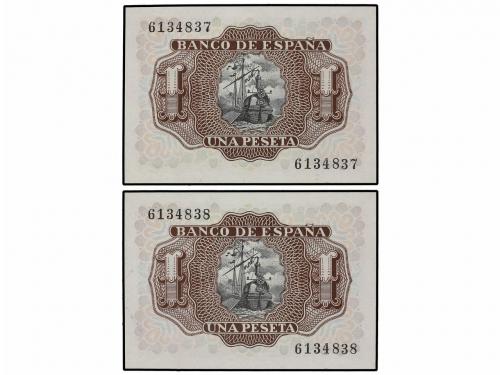 ESTADO ESPAÑOL. Lote 2 billetes 1 Peseta. 22 Julio 1953. Mar