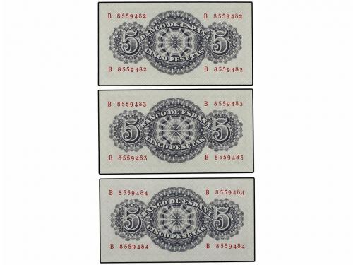 ESTADO ESPAÑOL. Lote 3 billetes 5 Pesetas. 12 Abril 1947. Sé