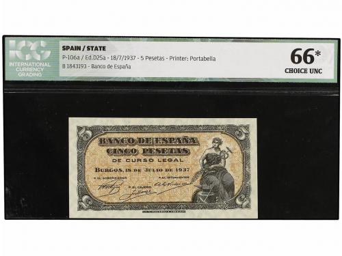 ESTADO ESPAÑOL. 5 Pesetas. 18 Julio 1937. Portabella. Serie 