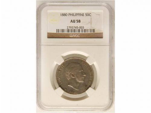 ALFONSO XII. 50 Centavos de Peso. 1880. MANILA. Encapsulada 