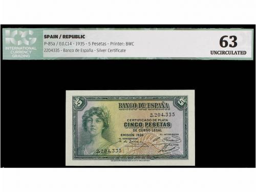 GUERRA CIVIL, ZONA REPUBLICANA. 5 Pesetas. Emisión 1935. Sin
