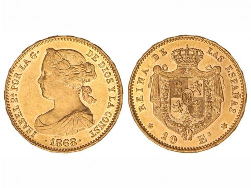 ISABEL II. 10 Escudos. 1868 (*18-68). 8,36 grs. Restos de br