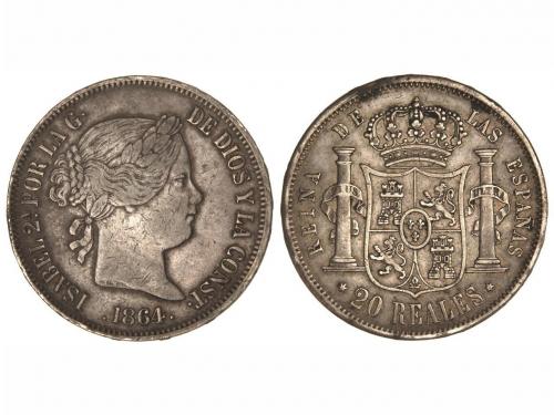 ISABEL II. 20 Reales. 1864. MADRID. 25,87 grs. Pátina. (Golp