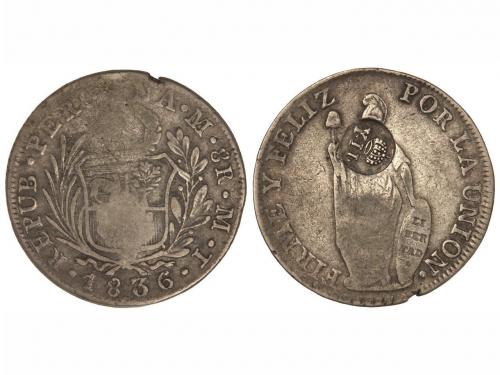 ISABEL II. 1 Peso. S/F. MANILA. 25,53 grs. Resello YII coron