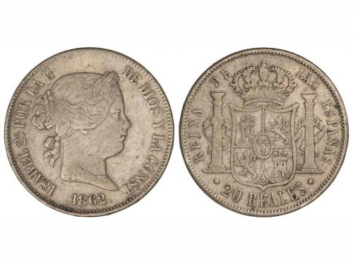 ISABEL II. 20 Reales. 1862. SEVILLA. 25,73 grs. (Pequeños go