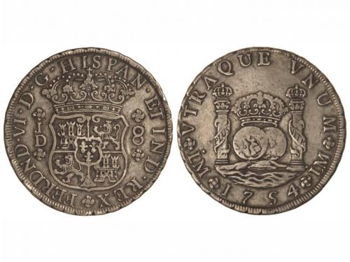 FERNANDO VI. 8 Reales. 1754. LIMA. J.D. 26,75 grs. Columnari