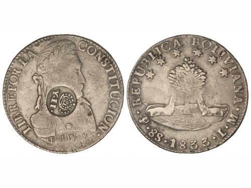 ISABEL II. 1 Peso. S/F. MANILA. 26,78 grs. Resello YII, bajo