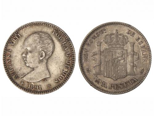 ALFONSO XIII. 1 Peseta. 1891 (*18-91). P.G.-M. Pátina. EBC. 