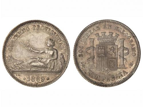 GOB. PROVISIONAL y I REPÚBLICA. 1 Peseta. 1869. S.N.-M. Leye