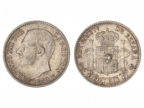 ALFONSO XII. 50 Céntimos. 1880 (*8-0). M.S.-M. Restos de bri